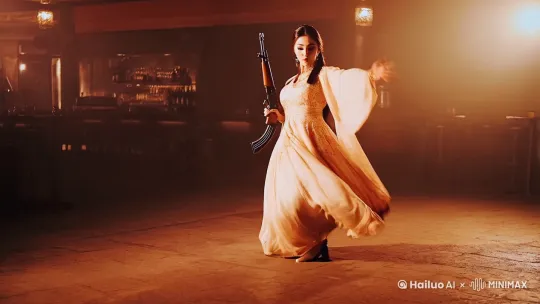 一个美女身穿汉服，一手拿着ak47在酒吧里深情地跳舞，柔美的灯光打在她身上，优雅而美好，镜头逐渐推进，聚焦于她的汉服上 by Hailuo AI Video Generator
