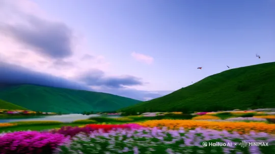 碧空如洗，云卷云舒，青山连绵，碧水潺潺，花海翻涌，蝶舞翩跹，霞光万道，映照湖面，宛如仙境，令人流连。 by Hailuo AI Video Generator