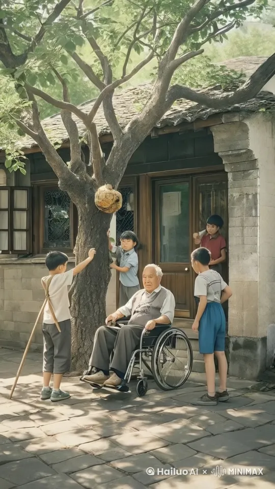 老房子老人坐轮椅三四个小孩通马蜂窝马蜂窝落在老人身上吓得老人飞快跑 by Hailuo AI Video Generator