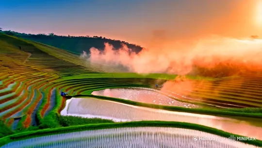 关键词：水墨意境 农耕美学 景深层次
主体：龙脊曲线梯田（镜面水光倒影云霞） 斗笠农人插秧（弯腰特写） 奔跑红衫孩童（田埂追逐小狗）
运镜：日出逆光航拍开场（展现梯田鳞次栉比）→ 俯冲穿云镜头 → 地面跟拍农作特写
氛围：晨雾炊烟氤氲 水面反光如碎银 湿润泥土质感
色系：青绿主调+橘色霞光 点缀农人靛蓝服饰 by Hailuo AI Video Generator