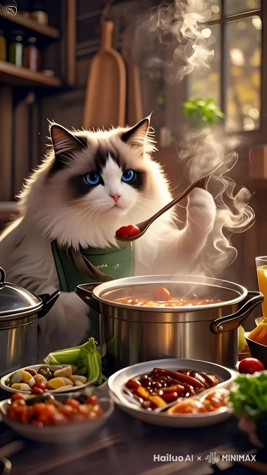布偶猫一只爪子握着勺子，将勺子中的食物送进嘴里，眨巴了一下嘴巴，脸上露出心满意足的神情！ by Hailuo AI Video Generator