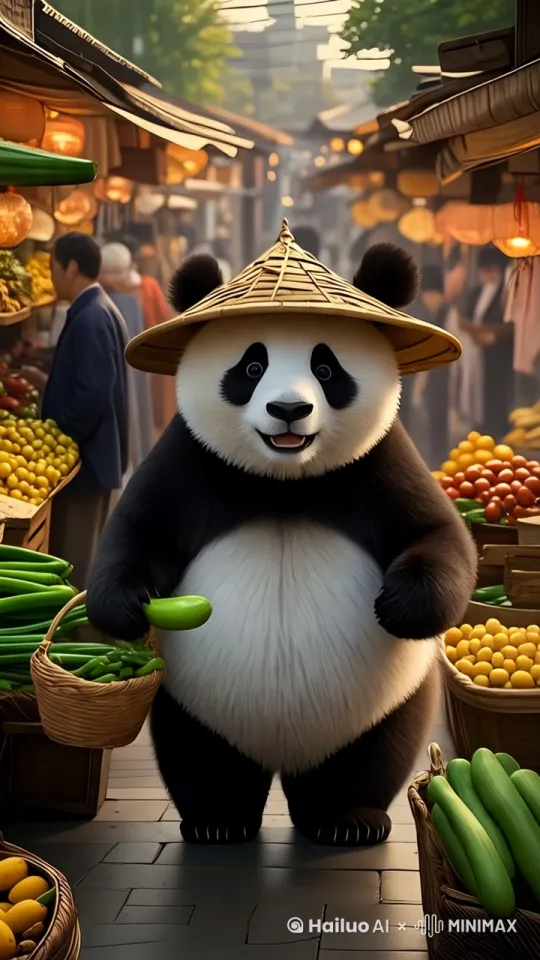 熊熊猫拿起黄瓜捏了捏背景人来人往，穿梭[右移,左摇,跟随]放进了菜篮子里。 by Hailuo AI Video Generator