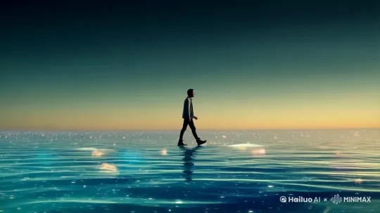 [右侧移动，左侧平移，跟踪拍摄]黄昏的天空下，一位孤独的旅行者漫步在浩瀚如玻璃般的海洋上。在透明的海水下，数百万颗星星闪烁，鲸鱼脉动，仿佛整个宇宙都被淹没了。一只巨大的发光蝴蝶从水面上飞起，带着发光的波纹。每一步都在宇宙深处荡漾，扭曲的星系和星云就像无穷无尽的液体倒影。[摇臂向下] by Hailuo AI Video Generator