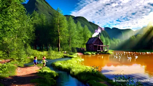 “一幅宁静的森林夏日画卷：阳光透过茂密的树叶，在地上洒下斑驳的光影。清澈见底的小溪蜿蜒流淌，两个天真烂漫的儿童在溪边嬉戏玩耍。不远处，一座古朴的小木屋炊烟袅袅。小溪尽头，一汪清澈的琥珀倒映着蓝天白云，一群野鸭悠闲地在湖中央游弋。一行白鹭从湖面上空飞过，姿态优雅。湖的远端，连绵起伏的青山巍然屹立，与蓝天白云相接，构成一幅壮丽的画卷。” by Hailuo AI Video Generator
