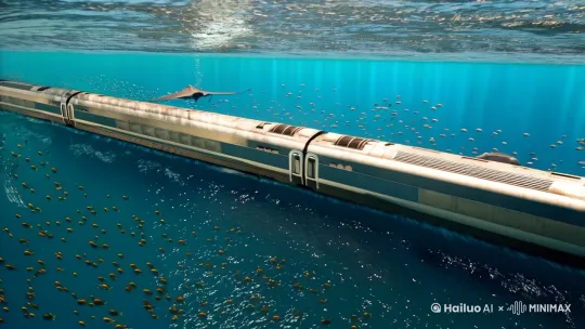 动车由铁路行驶进海底，视角切换到海底各种海洋生物与动车正在行驶的画面 by Hailuo AI Video Generator