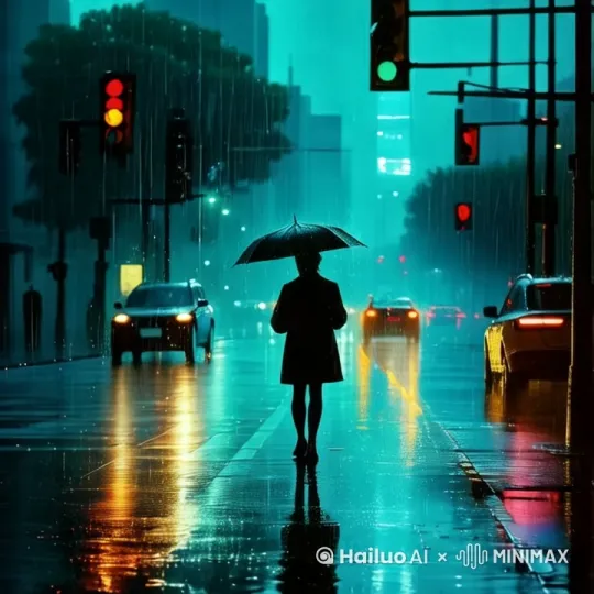 雨一直淅淅沥沥的下着，每一辆汽车缓慢行驶，镜头从俯视地面开始上摇，人从镜头左边入画，慢慢的向前走去，景别由中景随着人的背影走远慢慢切成全景。避免其他行人的出现，同时需要遵守交通法规。[下降,上摇]
要求不增加人物，仅画面中打伞的人物存在。要求增加视频长度，大幅增加镜头运动幅度 by Hailuo AI Video Generator
