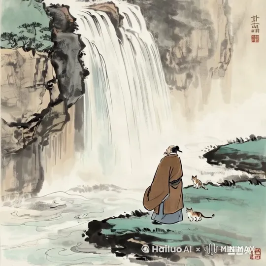 瀑布从上到下流动汹涌澎湃，小猫在走动。 by Hailuo AI Video Generator