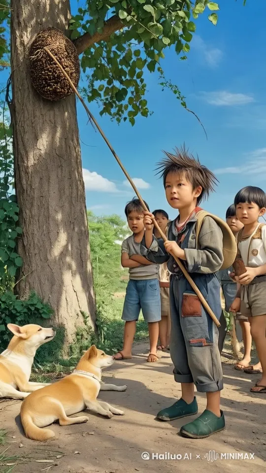 小孩拿竹子去捅马蜂窝，马蜂窝掉落，无数马蜂飞落到小孩身上，小孩上窜下跳，飞快逃跑
 by Hailuo AI Video Generator