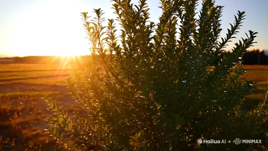 清晨的第一缕阳光轻轻拂过大地，树叶上晶莹的露珠闪烁着光芒，像一颗颗璀璨的珍珠，微风拂过，树叶沙沙作响，仿佛在诉说着清晨的故事。 by Hailuo AI Video Generator