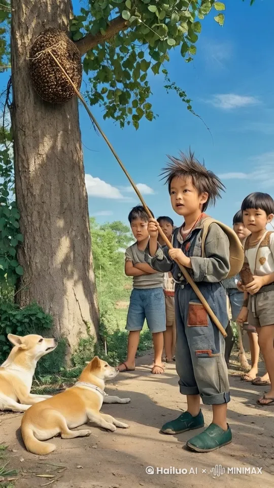 小孩拿竹子去捅马蜂窝，马蜂窝掉落，无数马蜂飞落到小孩身上，小孩上窜下跳，飞快逃跑，狗狗吓得惊慌跳到小孩身上 by Hailuo AI Video Generator