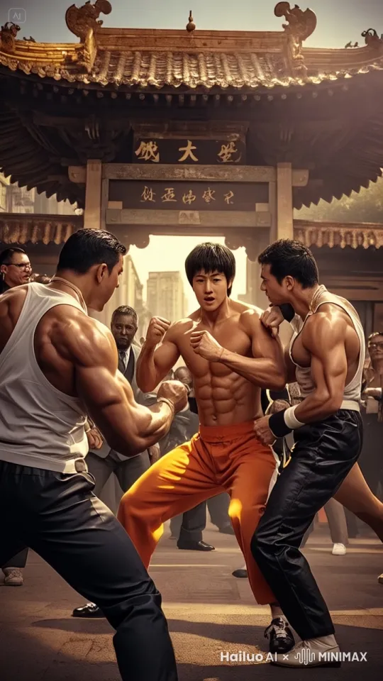激烈打斗，后空翻打斗，转圈旋风腿，成龙醉拳，李小龙快拳快腿，群打，板凳满天飞，怒吼，目露凶光，斗鸡眼，我打，我打打打打打打打打打打我打，后空翻前横宽转圈圈红腿，脸上有伤，身上有伤，口角流血 by Hailuo AI Video Generator