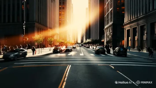一个两边都是高楼大厦的街道，行驶的汽车和十字跑口，人行道有行人在走路，太阳的阳光在前方的尽头照出，境头向前方移动，移动至前方的十字路口处停下 by Hailuo AI Video Generator