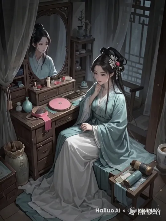 女子对着镜子化妆，镜子里变成一个狐仙的头 by Hailuo AI Video Generator