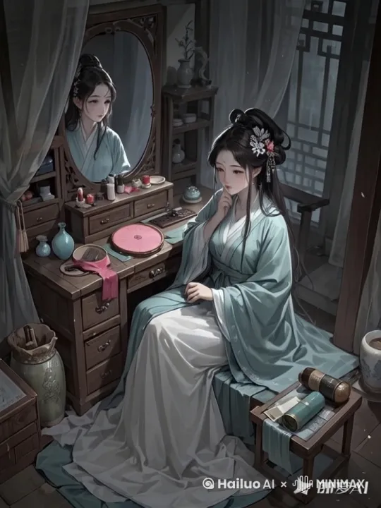 女子对着镜子化妆，镜子里变成一个狐仙的头 by Hailuo AI Video Generator