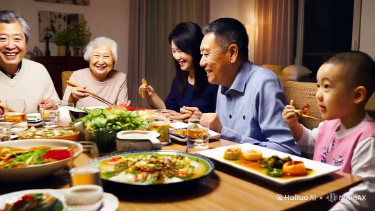 我在家里的客厅的餐桌上和爸爸妈妈爷爷奶奶和孙子在吃团圆饭，都在各自夹菜，笑容满面 by Hailuo AI Video Generator