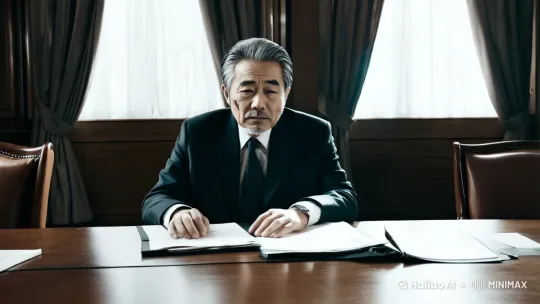 他沮丧的独自坐在公司的会议室里，桌上有一张通知，窗帘被风撩起 by Hailuo AI Video Generator