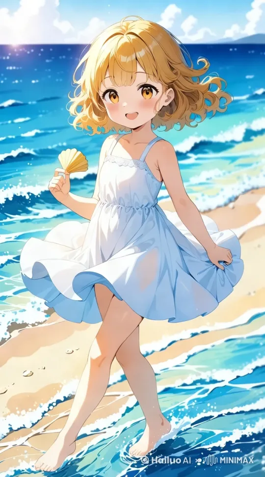 An anime-style illustration of a cheerful young girl with curly blonde hair, wearing a light blue sundress with lace trim, walking barefoot on the beach. She holds a seashell in one hand and twirls her dress with the other, her golden eyes sparkling with joy. The background features a vibrant ocean with gentle waves and a clear blue sky dotted with fluffy clouds. The scene is bathed in warm sunlight, creating a serene and joyful atmosphere. A medium shot capturing the girl mid-stride, with a slight upward angle. by Hailuo AI Video Generator