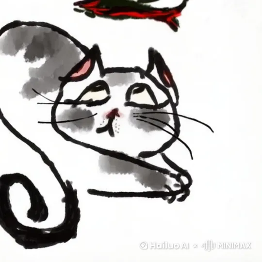 图片中的猫，摇动尾巴，看着鱼。 by Hailuo AI Video Generator