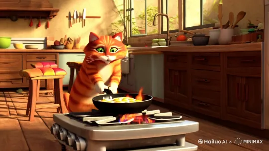壬生成一个会做饭橘猫，它正在厨房灶台旁，用手拿着黑色平底锅在火上煎鸡蛋 by Hailuo AI Video Generator