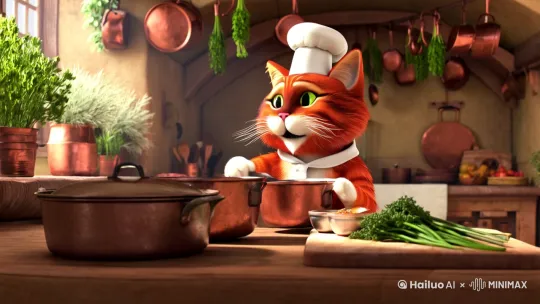 生成一个会做饭的橘猫，镜头拉近 by Hailuo AI Video Generator