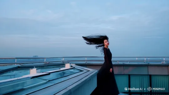高楼顶上的美女，风吹了，衣服头发飘了起来。[推进,跟随,变焦推进] by Hailuo AI Video Generator