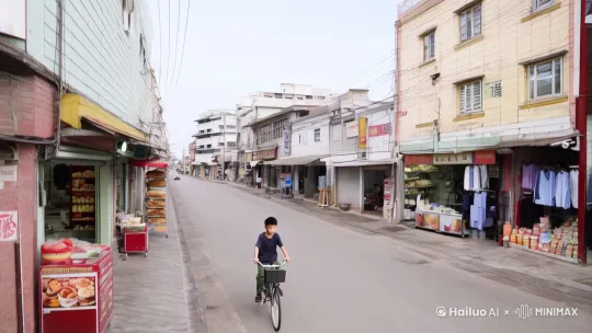 一个20岁的中国男生在城市的街道上骑着自行车，街道两旁是高低错落的楼房，有卖食物的，也有卖衣服之类的。镜头从男生前面从上往下移动，随后快速向右旋转到男生身后，中景展示男生骑自行车的全貌，画面色调自然写实 by Hailuo AI Video Generator