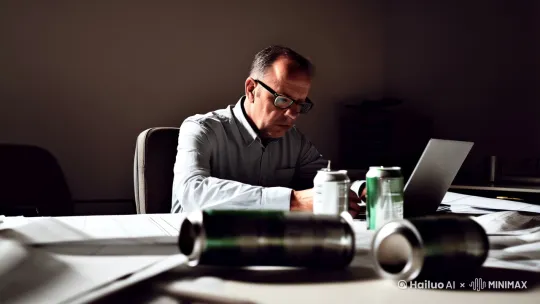 一位戴眼镜的中年男士深夜在办公室加班 周围凌乱的散落着废弃的图纸 和饮料罐 灯光通亮[左移,右摇,跟随] by Hailuo AI Video Generator