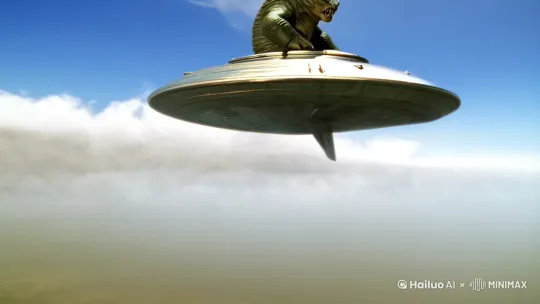 [右移,左摇,跟随]一个巨大的外星怪兽坐着飞碟从太空入侵地球的压迫感 by Hailuo AI Video Generator