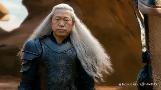 在场景中，有一个身影拥有银白色的长卷发，垂落在她的双肩两侧。她/他身穿中世纪风格的黑色铠甲，紧紧地束在腰间，铠甲的下部分看起来像是一条在风中飘扬的流动裙子。在身影的右后方，躺卧着一条巨大的龙，它的皮肤纹理和细节清晰可见。龙的眼睛像巨大的绿宝石一样闪闪发光，瞳孔像尖针一样锐利。龙表现得像身影的宠物一样，温顺地低下头，让身影抚摸它。整个场景的风格让人想起《权力的游戏》的美学。 by Hailuo AI Video Generator