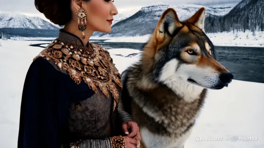一位穿着冬季服装的女性与一只狼并肩站立在雪地中的场景。背景是雪山和河流，整个画面充满了冬日的寒冷气息。女性佩戴着复杂的耳环和项链，显得非常独特和精致。狼的表情平静，看起来非常温顺，与女性形成了和谐的对比。镜头固定 by Hailuo AI Video Generator