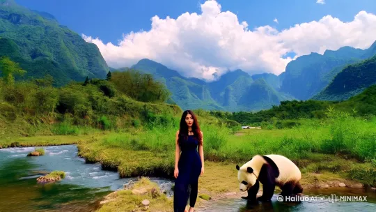 丰满大胸美女，长发飘飘，站在雅安宝兴县山里，小河边。大熊猫在旁边大口吃竹笋，远处山顶上蓝天白云。画面自然真实流畅，超高清画质，镜头360℃拉远跟随拍摄 by Hailuo AI Video Generator