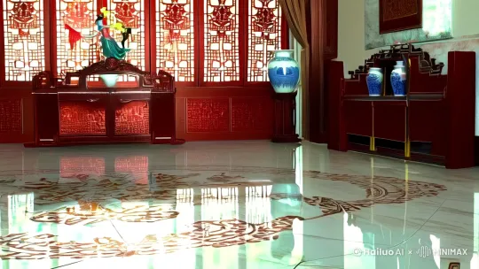 国风场景构建】
1. 新中式客厅全景：水墨纹大理石地面倒映舞姿，檀木屏风虚化背景
2. 75寸悬浮屏电视播放《千里江山图》动态壁画，青蓝色光影流转
3. 窗棂透入晨光与湘妃竹帘形成格栅投影，红木博古架陈设青花瓷瓶

【东方美人特写】
4. 江南少女骨相(18-20岁)：鹅蛋脸+杏仁眼+朱砂痣，淡扫远山眉
5. 舞蹈生九头身比例(腿长112cm)，腰臀黄金比0.68
6. 雪肌透胭脂妆，唇色用故宫红丝绒质地
7. 堕马髻盘发，插珍珠流苏步摇，鬓角垂丝绺

【改良国潮穿搭】
8. 正红色桑蚕丝T恤(深V束腰设计)，锁骨处描金莲花纹
9. 墨色提花包臀裙(臀下12cm)，侧开衩隐现腿环装饰
10. 20D渐变黑丝袜(膝上渐变透明)，足尖缀苏绣云纹
11. 黑色绑带芭蕾鞋，系带缠绕纤细脚踝三周半

【融合舞蹈编排】
12. 汉唐舞「折腰」+女团wave动作有机衔接
13. 旋身时流苏画光轨，甩头定格时步摇悬停0.3秒
14. 下叉时丝袜透出腿根蝴蝶刺青，特写足弓绷直线条
15. 指尖舞：用京剧兰花指手势遥控电视切换山水画面

【影视级渲染】
16. 运镜设计：先导镜头从青花瓷反光拉出全身镜像
17. 每帧舞蹈残影带金色粒子，踏步时地面泛起水墨涟漪
18. 色彩方案：主体中国红撞色，背景降低饱和度至黛青色
19. 4K120帧丝滑捕捉，强化丝绸与肌肤的材质反射差异 by Hailuo AI Video Generator