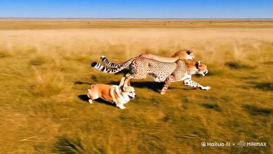 一一只柯基狗在草原上追着两只猎豹。 by Hailuo AI Video Generator