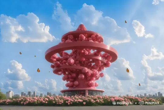 微风轻拂，粉色繁花摇曳，镜头环绕梦幻螺旋红塔缓移，暖光洒落，彩蝶蹁跹 。 [右移,左摇,跟随] by Hailuo AI Video Generator