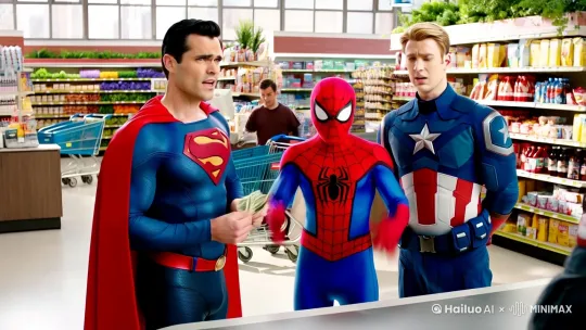 场景描述
"Marvel and DC crossover in modern supermarket: Superman (Henry Cavill), Spider-Man (Tom Holland), and Captain America (Chris Evans) at checkout counter, fully stocked shelves in background, shopping carts nearby, daytime lighting through large windows"
"漫威与DC跨界场景:现代超市中,超人(亨利·卡维尔)、蜘蛛侠(汤姆·赫兰德)和美国队长(克里斯·埃文斯)站在收银台前,背景是满架商品,附近有购物车,日光透过大型橱窗照射"
角色描述
"Superman in classic blue suit with red cape and S emblem, Spider-Man in MCU's red and blue suit with web pattern, Captain America in Avengers-era tactical uniform with shield on back, all characters in accurate movie-accurate designs"
"超人穿着经典蓝色战衣配红色披风和S标志,蜘蛛侠身着MCU红蓝相间的蛛网战衣,美国队长穿着《复仇者联盟》时期的战术制服,背着盾牌,所有角色均采用精准的电影级设计"
动作细节
"Medium group shot of three heroes counting money with awkward expressions, Superman holding a few bills, Spider-Man scratching his head, Captain America looking embarrassed, cashier waiting patiently in background"
"中景群像镜头:三位英雄尴尬地数着钱,超人手中拿着几张纸币,蜘蛛侠挠着头,美国队长露出窘迫的表情,背景中收银员耐心等待"
情绪氛围
"Comedic tension with subtle embarrassment, superheroes out of their element in mundane situation, subtle humor in their body language"
"喜剧性的紧张氛围中带着些许尴尬,超级英雄们在日常场景中显得格格不入,肢体语言中透露出微妙幽默"
技术参数
"4K resolution, 24fps cinematic motion blur, hyper-realistic textures, dynamic lighting with soft shadows, shallow depth of field, Marvel/DC crossover color grading"
"4K分辨率,24帧电影级动态模糊,超真实材质细节,动态光影配合柔和阴影,浅景深效果,漫威/DC跨界风格调色" by Hailuo AI Video Generator