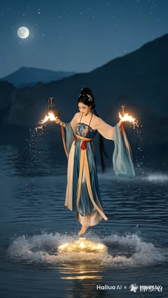 夜幕如墨，繁星点点，一湾平静的湖水宛如黑色的绸缎，在微光下闪烁着神秘的光泽。画面从湖边的垂柳缓缓拉近，聚焦在湖面上一位身着古装服饰的中国美女身上。
 
这位美女身着华丽的古装，水袖飘飘，裙摆随风轻舞。她亭亭玉立在水上飞行器之上，双手稳稳各持一个熊熊燃烧的火壶，壶中的火焰在夜风中烈烈燃烧，映红了她精致的脸庞。
 
表演瞬间开启，美女如同夜空中灵动的仙子，迅速开始快速左右旋转。她身姿轻盈，旋转时水袖飞扬，如同灵动的羽翼。火壶随着她的动作，在空中划出一道道橙红色的弧线，大量火星从壶口喷射而出，如流星赶月般向四周飞溅，在黑暗中留下一道道金色的轨迹，恰似一幅流动的烟火画卷。
 
紧接着，美女身姿一转，开始上下旋转。她时而头朝上，火壶高举，火星如绚烂的喷泉向上冲涌，仿佛要与星辰相接；时而头朝下，火壶靠近水面，火星与溅起的水花相互碰撞，发出“滋滋”声响，水汽与火星交织，如梦似幻。在这快速的旋转中，美女的表情因专注而略显夸张，偶尔发丝凌乱，却增添了几分别样的滑稽，与精彩的表演相得益彰。
 
镜头如影随形，紧紧跟随着美女的身姿。当她左右旋转时，镜头围绕着她做环形移动，全方位捕捉火壶火星飞溅与她飘逸古装的动态之美；当她上下旋转，镜头便随着她的身体起伏，忽上忽下，让观众能清晰看到火星四溅的震撼瞬间以及她丰富的表情变化。整个画面在夜的衬托下，精彩绝伦，如梦如幻，将这场水上飞人表演的独特魅力展现得淋漓尽致。水里面飞出一只火凤凰。 by Hailuo AI Video Generator
