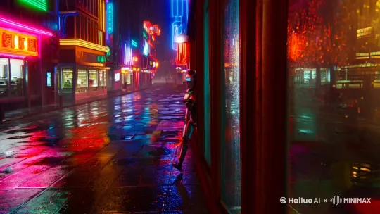 “在霓虹灯闪烁的雨夜，一座未来城市的街道上，一个机械人缓缓前行。它的金属外壳反射着五彩斑斓的灯光，眼中却透露出深深的孤独。镜头拉近，机械人凝视着橱窗中自己的倒影，仿佛在思考：当机械取代了血肉，永生是否只是一种永恒的孤独？” by Hailuo AI Video Generator