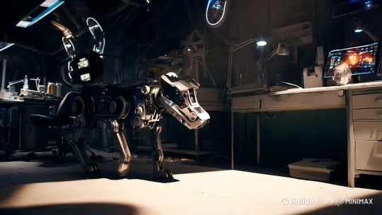 "Lab scene with cybernetic dog doll, quantum data particles floating, garbage yard at sunset with floating equations, cinematic lighting, techpunk aesthetic, 35mm film grain, --ar 9:16 --v 6.0" by Hailuo AI Video Generator