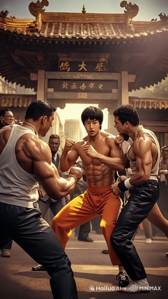 激烈打斗，后空翻打斗，转圈旋风腿，成龙醉拳，李小龙快拳快腿，群打，板凳满天飞，怒吼，目露凶光，斗鸡眼，我打，我打打打打打打打打打打我打，后空翻前横宽转圈圈红腿，脸上有伤，身上有伤，口角流血 by Hailuo AI Video Generator