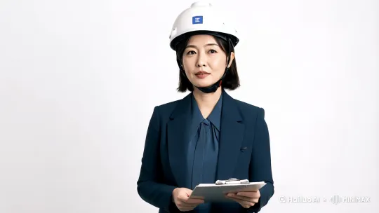 白色背景的一位亚洲女性主持人，带着安全帽，年龄在35岁之间，进行播报新闻内容 by Hailuo AI Video Generator