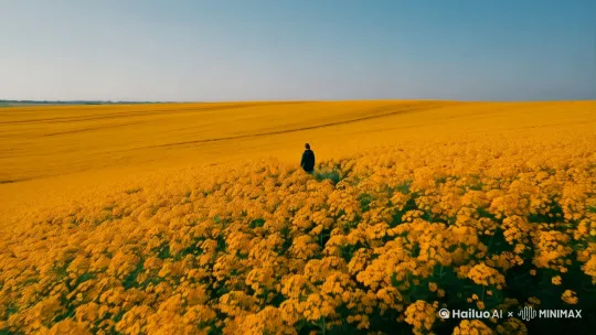 一个人走在一片很大大美的油菜花田上 by Hailuo AI Video Generator