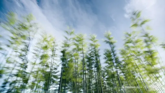 一大片竹林，竹叶随着大风在翻滚飘动，[左摇]一群身披重甲的士兵骑着快马从竹林的另一端驶来，[拉远]突然竹林中射出一大群密集的箭矢向士兵们射去，随后一大群身穿黑衣的杀手向士兵们袭来[右移,左摇,跟随]，他们展开了激烈的交战，双方互有死伤 by Hailuo AI Video Generator