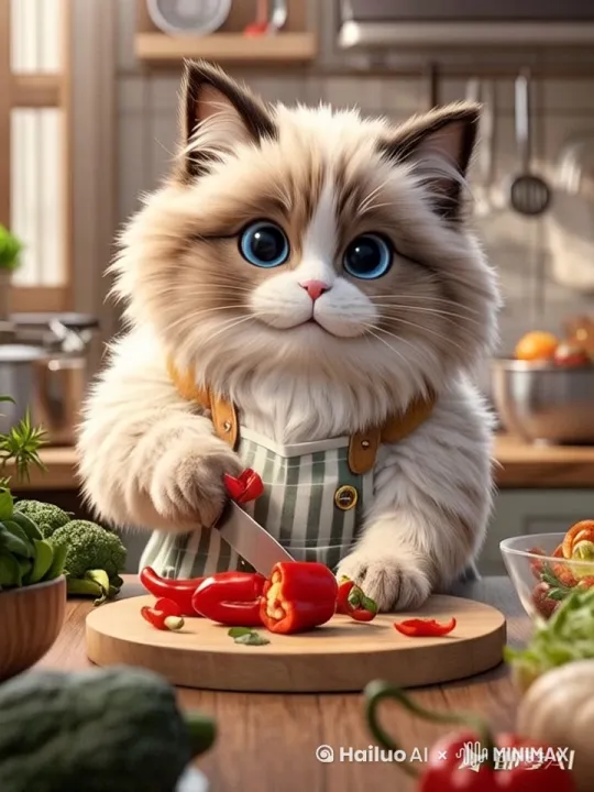 猫咪在厨房切菜； by Hailuo AI Video Generator