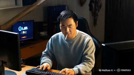 中景镜头，一个坐在电脑前的亚洲中年男性，一遍抽着烟一边玩着电脑游戏，突然屋顶漏水，整个房间都是瓢泼大雨，镜头轻轻后拉。 by Hailuo AI Video Generator