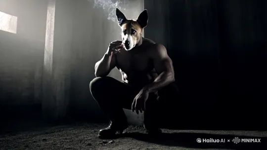 帮我编辑一条视频，一只狗头人身肌肉猛男，躲在墙角抽烟，忽然站起来，睬灭烟头向镜头跑过来， by Hailuo AI Video Generator