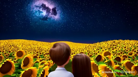 一个男孩和一个女孩背对背地站在鲜花里  月夜 星空 向日葵  镜头大幅下降并上摇 再大幅上升并下摇 展现天地之广阔  镜头快速推进并跟随 捕捉少年之欢乐 by Hailuo AI Video Generator