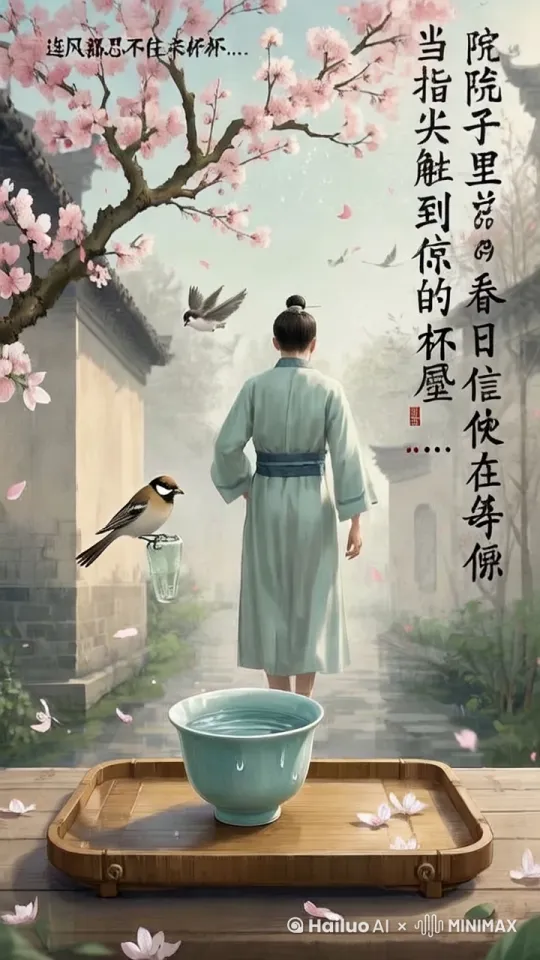 春天来了，树上的花开了，风一吹就落了一地的花瓣 男人正准备出门，突然有一只小鸟飞到了这个男人的茶杯上喝了一口水一边叽叽喳喳的叫，一边看向正在往前的男人，男人似乎能听懂回头看向小鸟 by Hailuo AI Video Generator