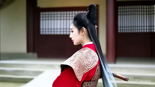 一位身穿机甲汉服的黑发古风女孩，盘着发髻，转身看向镜头，柔软而富 by Hailuo AI Video Generator