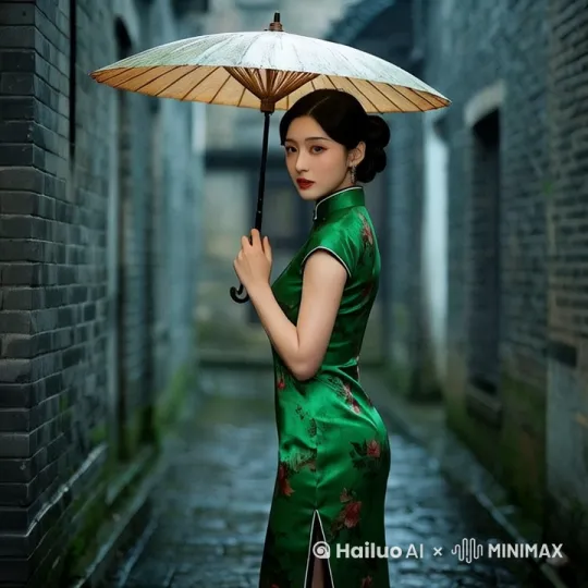 天空下着小雨，美女含情脉脉看着我，然后回头往前走去。 by Hailuo AI Video Generator