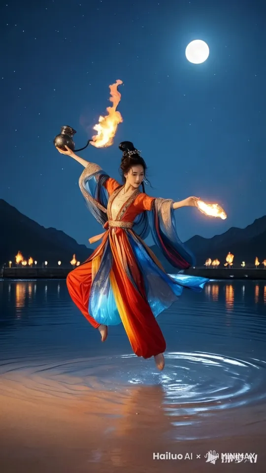 表演瞬间开启，美女如同夜空中灵动的仙子，迅速开始快速左右旋转。她身姿轻盈，旋转时水袖飞扬，如同灵动的羽翼。火壶随着她的动作，在空中划出一道道橙红色的弧线，大量火星从壶口喷射而出，如流星赶月般向四周飞溅，在黑暗中留下一道道金色的轨迹，恰似一幅流动的烟火画卷。
 
紧接着，美女身姿快速一转，开始上下旋转。她时而头朝上，火壶高举，火星如绚烂的喷泉向上冲涌，仿佛要与星辰相接；时而头朝下，火壶靠近水面，火星与溅起的水花相互碰撞，发出“滋滋”声响，水汽与火星交织，如梦似幻。在这快速的旋转中，美女的表情因专注而略显夸张，偶尔发丝凌乱，却增添了几分别样的滑稽，与精彩的表演相得益彰。
 
镜头如影随形，紧紧跟随着美女的身姿。当她快速左右旋转时，镜头围绕着她做环形移动，全方位捕捉火壶火星飞溅与她飘逸古装的动态之美；当她上下旋转，镜头便随着她的身体起伏，忽上忽下，让观众能清晰看到火星四溅的震撼瞬间以及她丰富的表情变化。整个画面在夜的衬托下，精彩绝伦，如梦如幻，将这场水上飞人表演的独特魅力展现得淋漓尽致。水里面飞出一只火凤凰。 by Hailuo AI Video Generator
